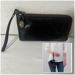 HOBO Mila Black Wristlet Wallet Full Zip Turn Lock Credit Cards Coins & Bills